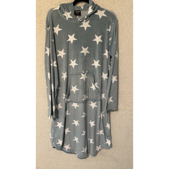 32 Degrees Heat Velour Sleepwear Sweater Dress Hooded Size L/XL Light Blue Stars - Picture 6 of 12